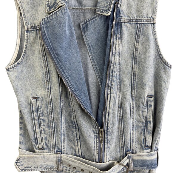 BLANKNYC Denim Moto Vest Grunge Biker 80's Light Wash Belted Medium Diagonal Zip - Picture 3 of 10